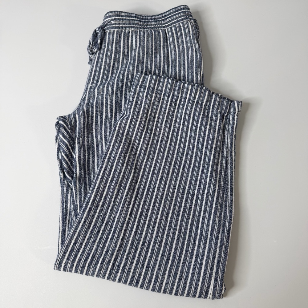 Old Navy blue white striped linen blend pants size medium drawstring wide leg - Picture 2 of 15